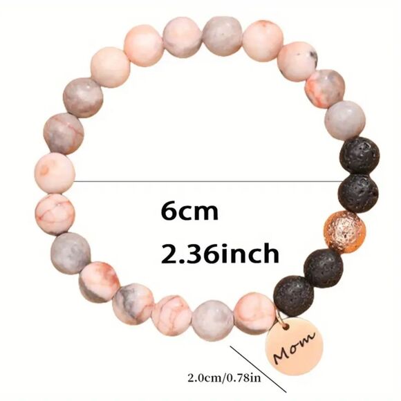 Pink Zebra Jasper Lava Beaded Stone Stretch Bracelet Mom Charm Pendant Gift Card - Picture 3 of 5